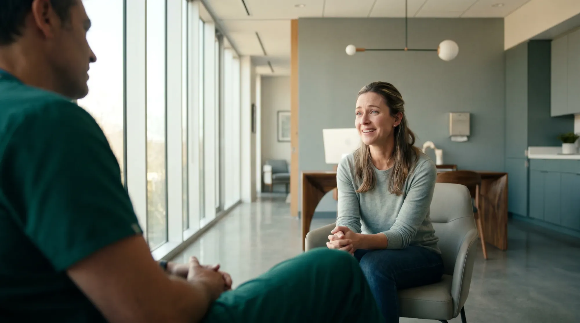A clinician in green scrubs in conversation with a patient in a sunlit consultation room