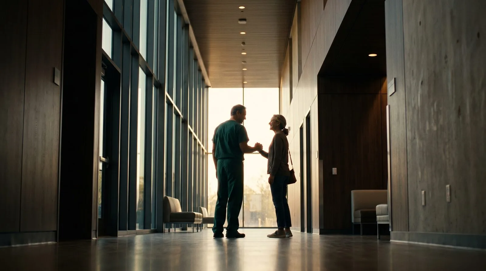 Clinician and patient in a hospital corridor