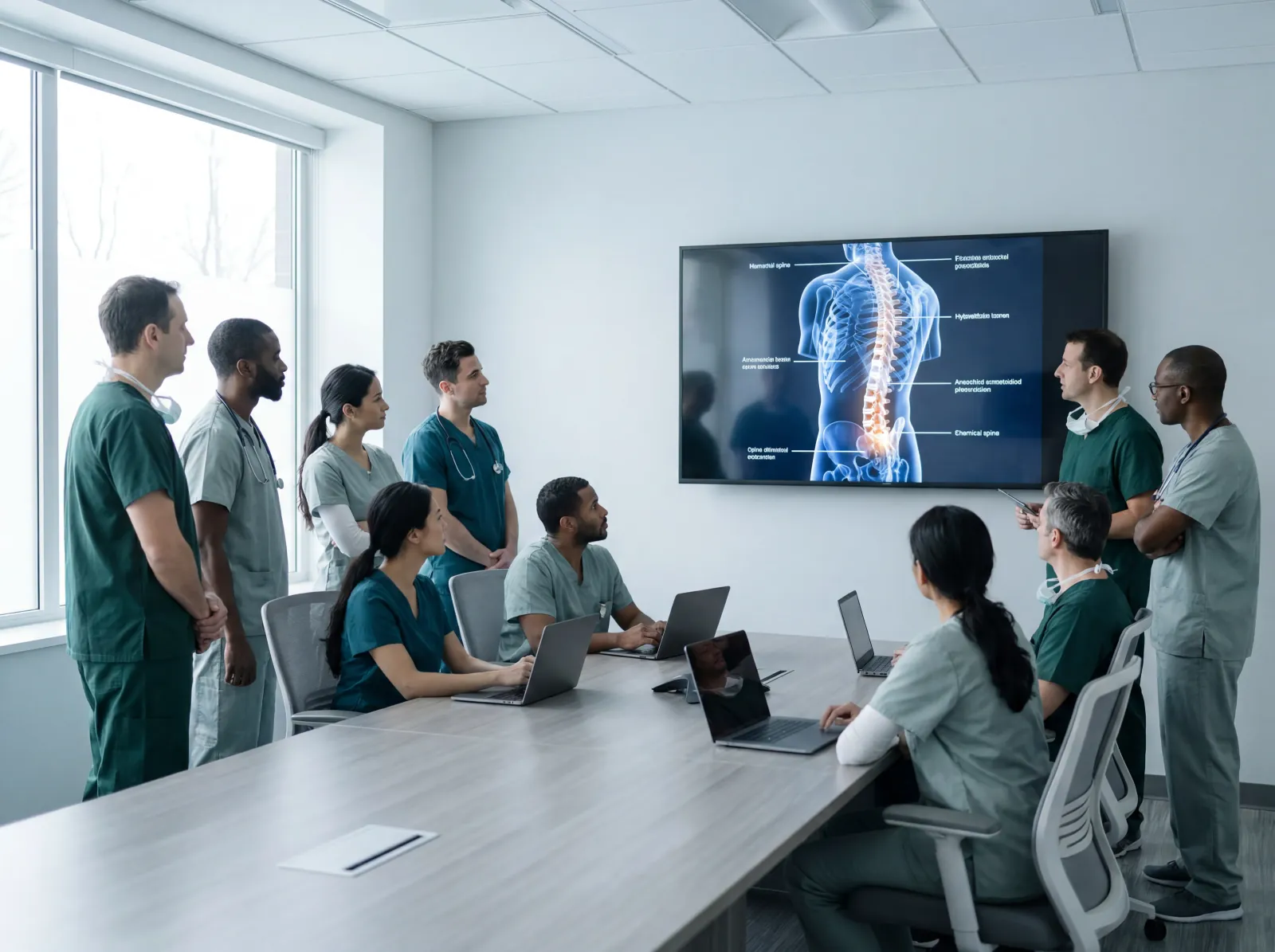 A multidisciplinary clinical team in a boardroom reviewing a spine imaging presentation